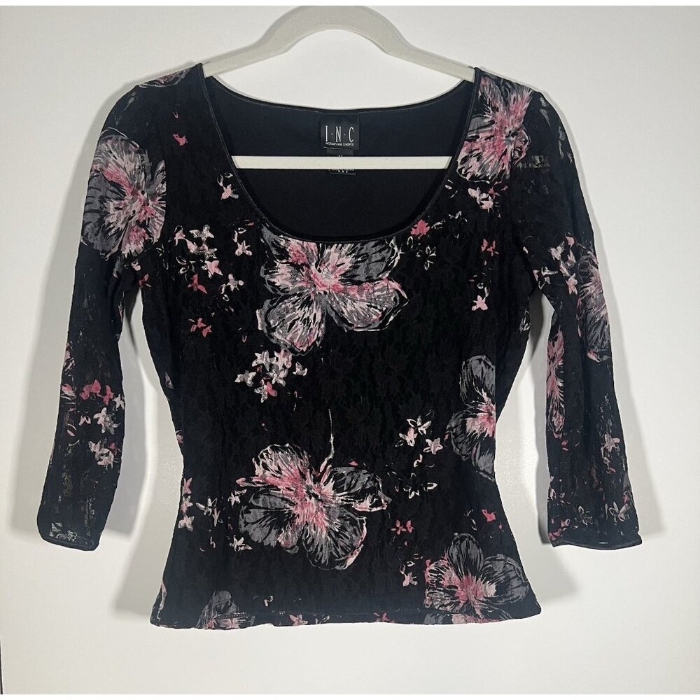 Vintage Y2K INC scoop neck black lace floral whimsigoth grunge blouse sheer M